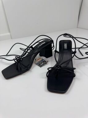 Strappy Black Square-Toe Lace-Up Block Heel Sandals